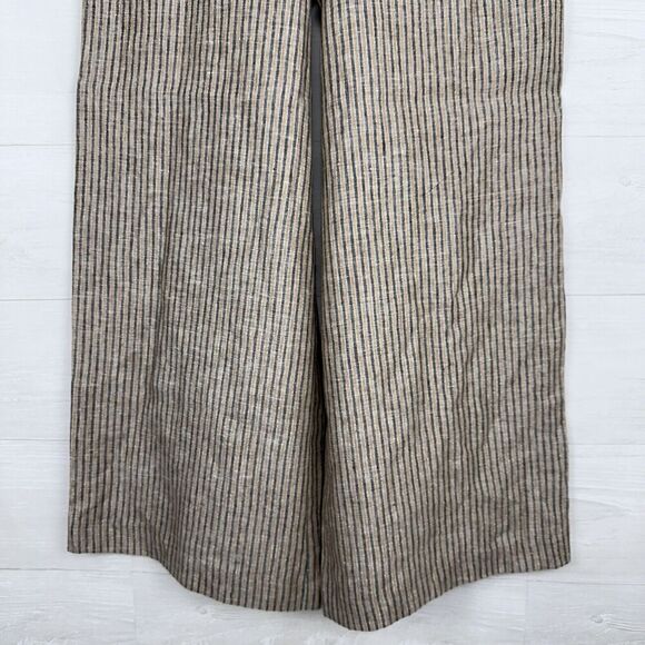 Boden Linen Shirred Waist Trousers Wide Leg Women 6R Camel Black Stripe Pull On - Picture 5 of 16